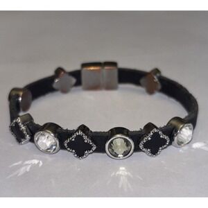 Black Leather Bracelet Silver Tone Rhinestone Slide Charms Magnetic Clasp‎